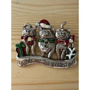 Christmas Cat Friends Pin Brooch Silver & Red With Rhinestones 3 Cats Festive